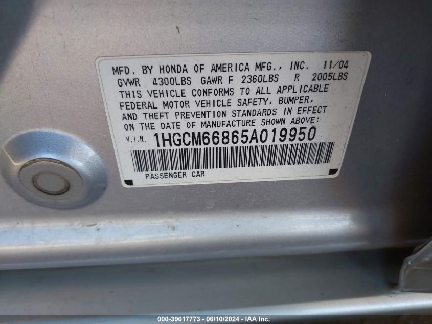 2005 Honda Accord 3.0 Ex VIN: 1HGCM66865A019950 Lot: 39617773