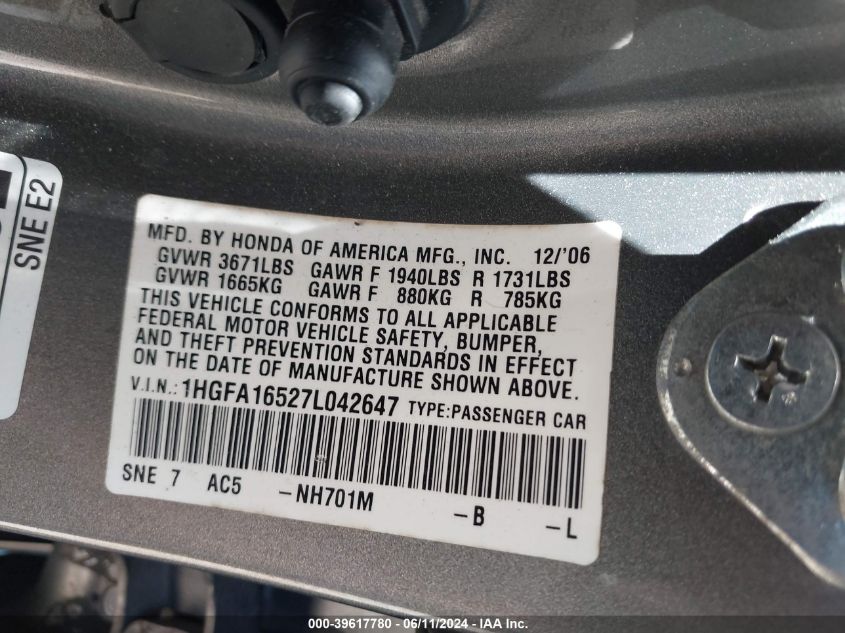 2007 Honda Civic Lx VIN: 1HGFA16527L042647 Lot: 39617780
