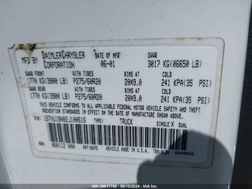 2002 Dodge Ram 1500 St VIN: 1B7HU18N82J100616 Lot: 39617788