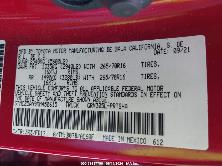 2021 Toyota Tacoma Trd Off-Road VIN: 3TMCZ5AN9MM450615 Lot: 39617790