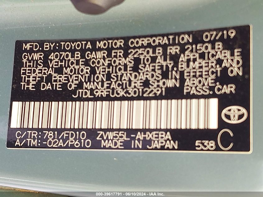 JTDL9RFU3K3012291 | 2019 TOYOTA PRIUS