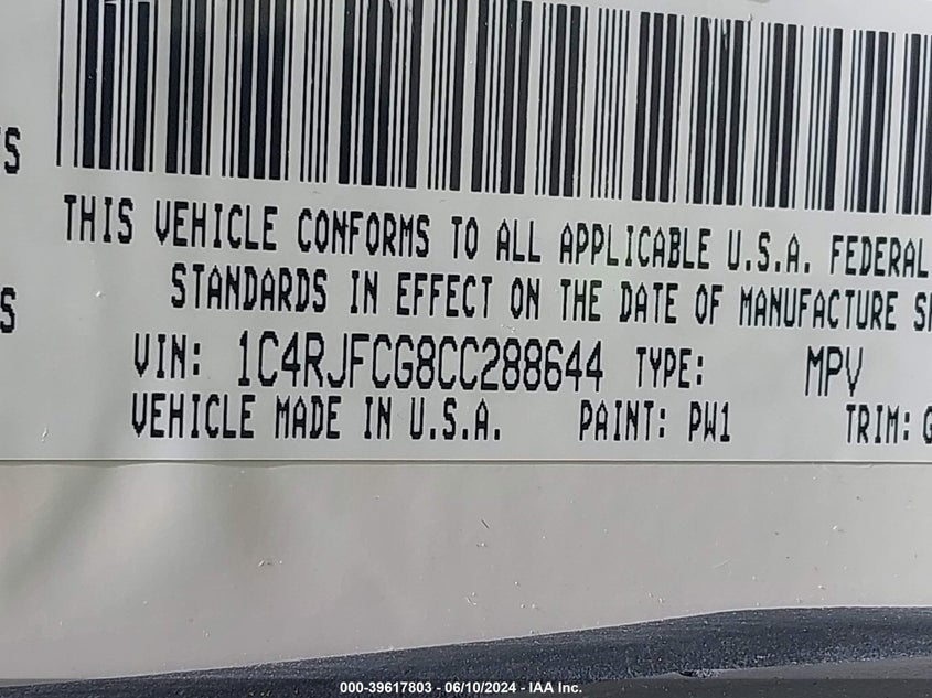 2012 Jeep Grand Cherokee Overland VIN: 1C4RJFCG8CC288644 Lot: 39617803