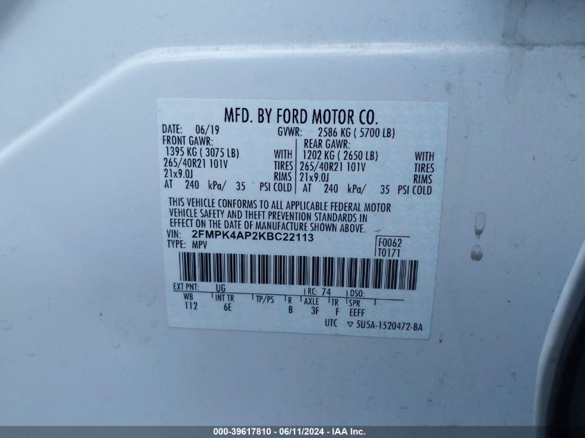 2019 Ford Edge St VIN: 2FMPK4AP2KBC22113 Lot: 39617810