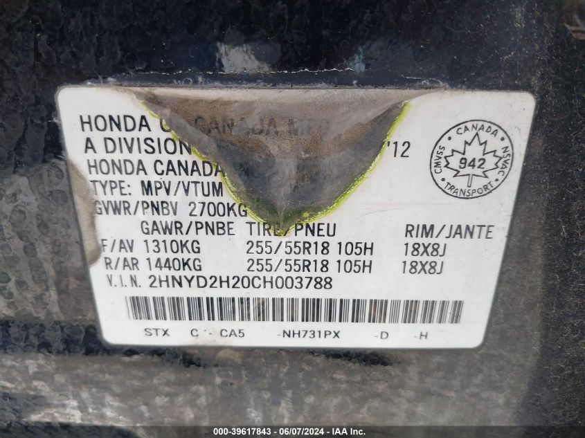 2012 Acura Mdx VIN: 2HNYD2H20CH003788 Lot: 39617843