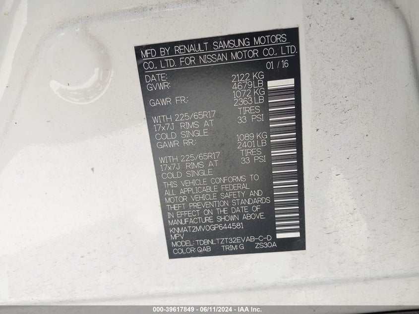 2016 Nissan Rogue Sv VIN: KNMAT2MV0GP644581 Lot: 39617849