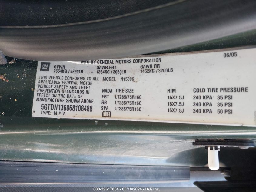 2006 Hummer H3 Suv VIN: 5GTDN136868108488 Lot: 39617854