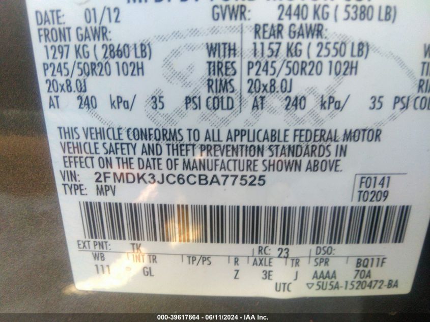 2012 Ford Edge Sel VIN: 2FMDK3JC6CBA77525 Lot: 39617864