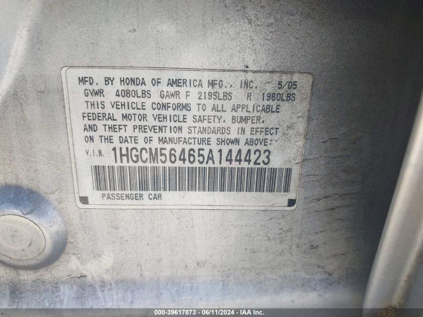2005 Honda Accord 2.4 Lx VIN: 1HGCM56465A144423 Lot: 39617873