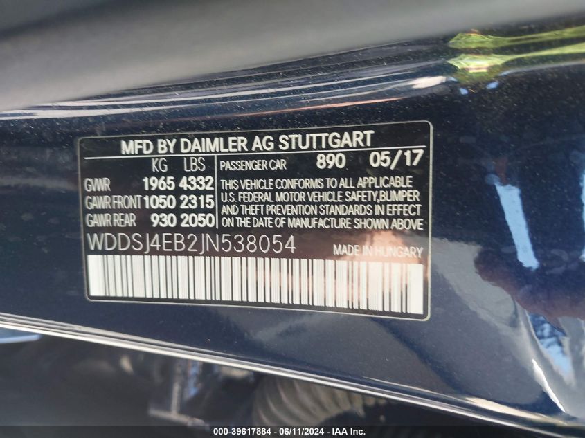 2018 Mercedes-Benz Cla 250 VIN: WDDSJ4EB2JN538054 Lot: 39617884