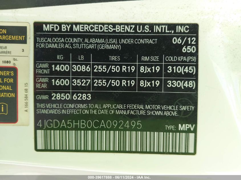 2012 Mercedes-Benz Ml 350 4Matic VIN: 4JGDA5HB0CA092495 Lot: 39617888