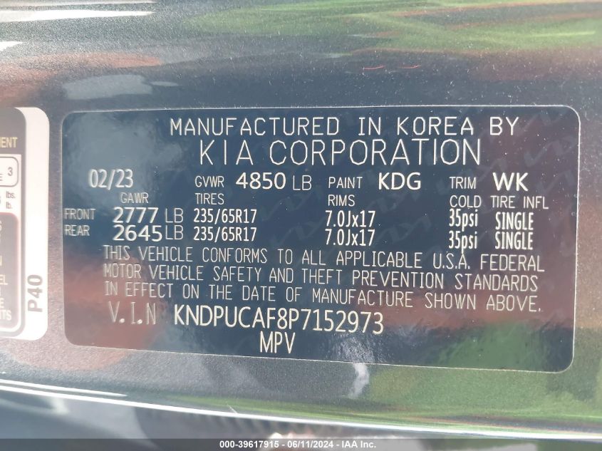 2023 Kia Sportage Lx VIN: KNDPUCAF8P7152973 Lot: 39617915