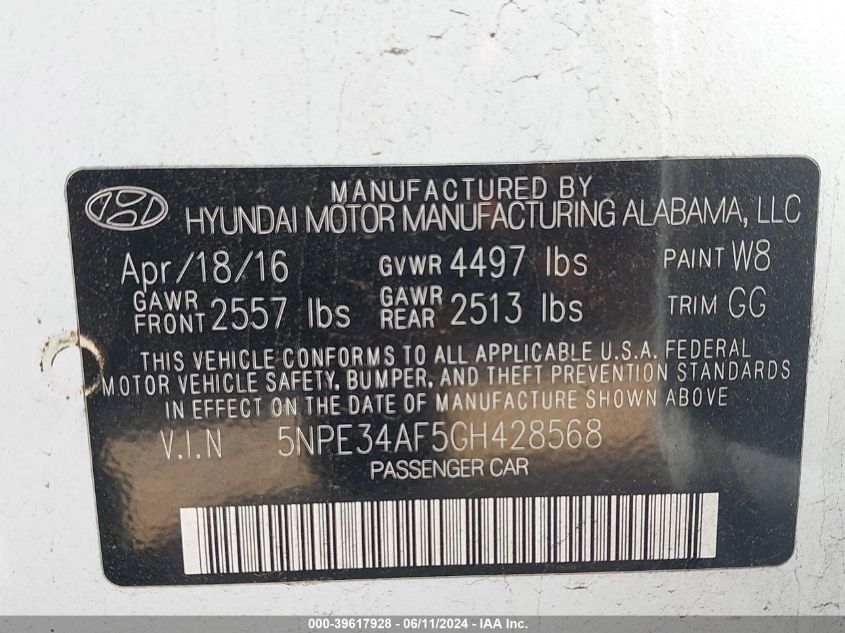 2016 Hyundai Sonata Sport VIN: 5NPE34AF5GH428568 Lot: 39617928