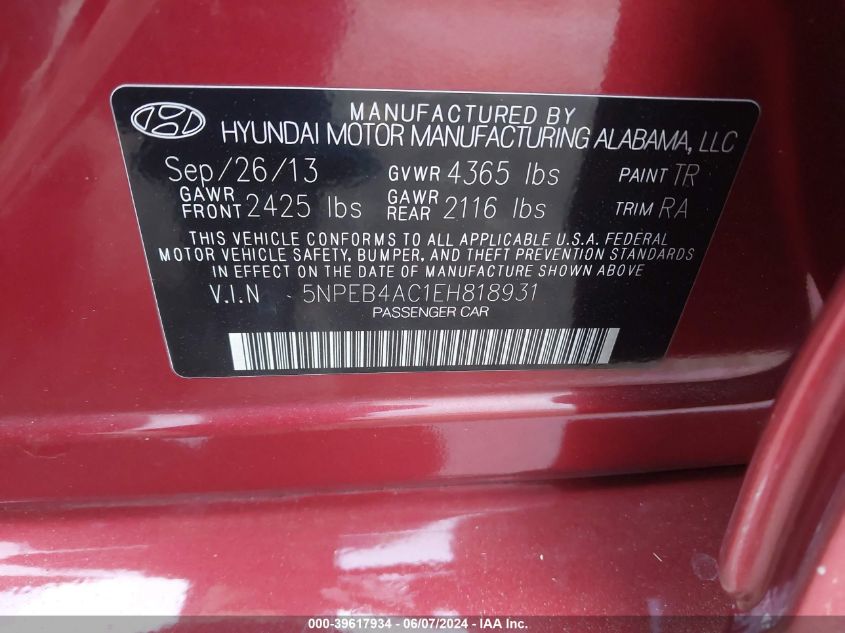 2014 HYUNDAI SONATA GLS - 5NPEB4AC1EH818931