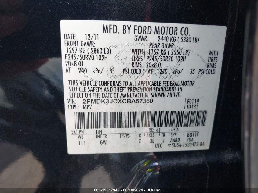 2012 Ford Edge Sel VIN: 2FMDK3JCXCBA57360 Lot: 39617949