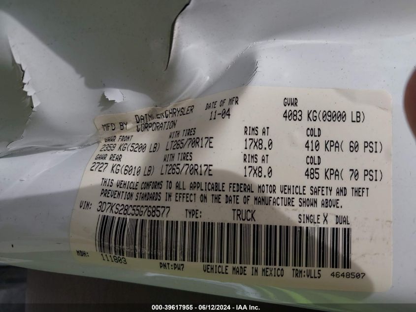 2005 Dodge Ram 2500 Slt/Laramie VIN: 3D7KS28C55G768577 Lot: 39617955