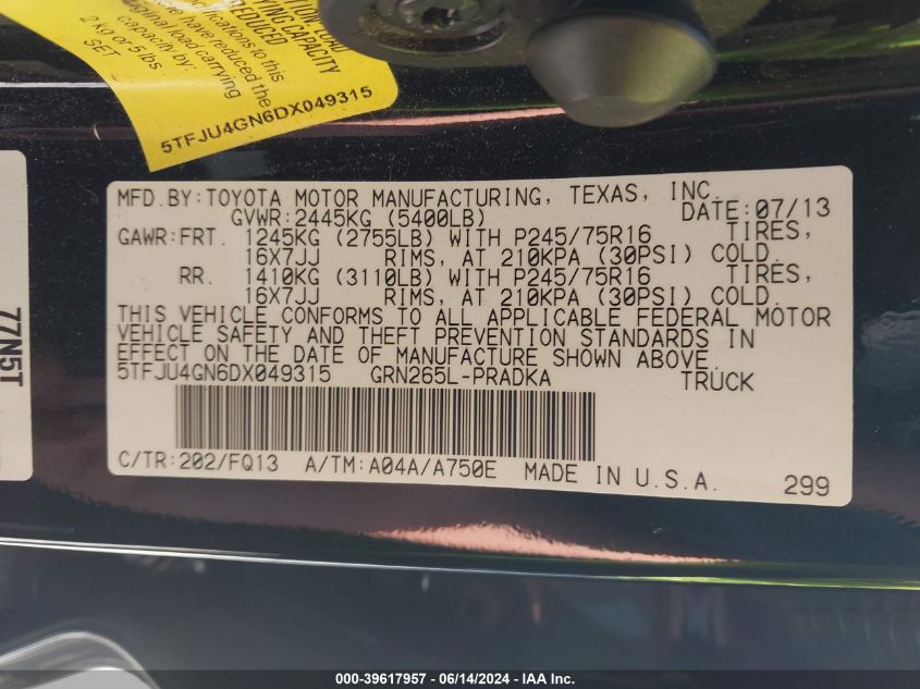 2013 Toyota Tacoma Prerunner V6 VIN: 5TFJU4GN6DX049315 Lot: 39617957