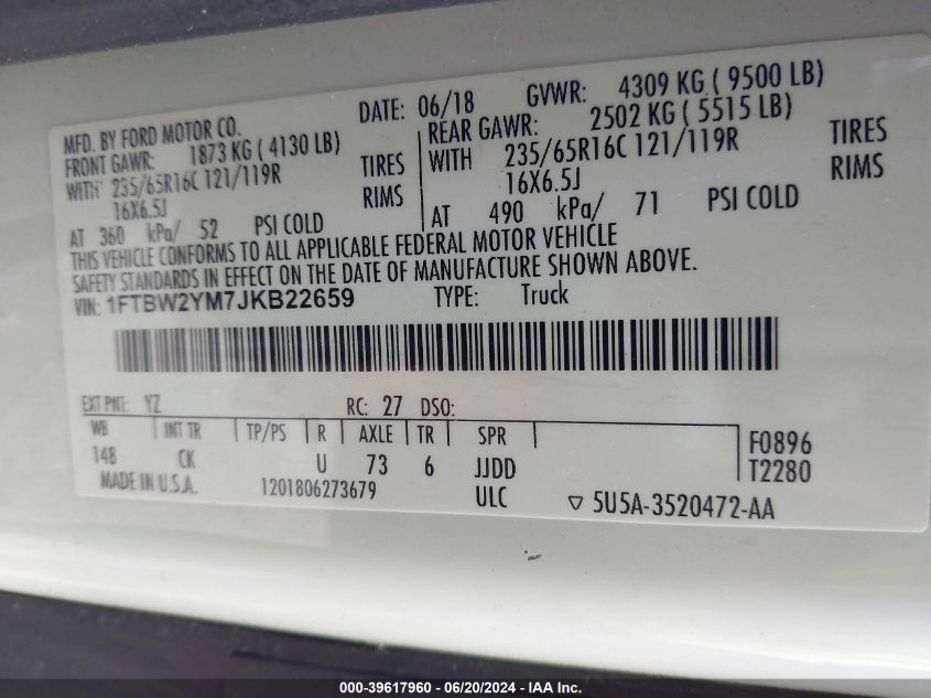 2018 Ford Transit-350 VIN: 1FTBW2YM7JKB22659 Lot: 39617960