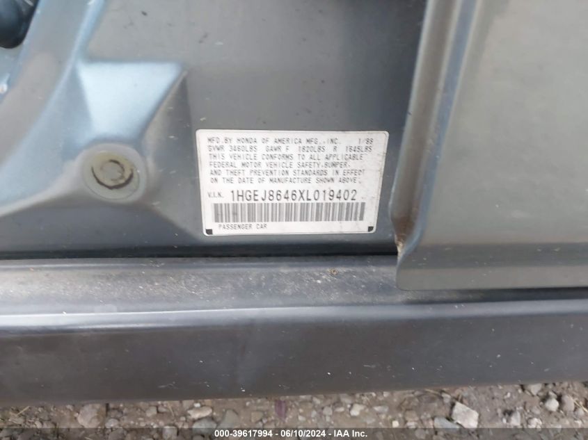 1999 Honda Civic Ex VIN: 1HGEJ8646XL019402 Lot: 39617994