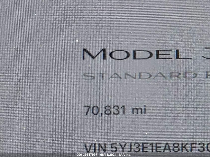 2019 Tesla Model 3 Long Range/Mid Range/Standard Range/Standard Range Plus VIN: 5YJ3E1EA8KF308947 Lot: 39617997