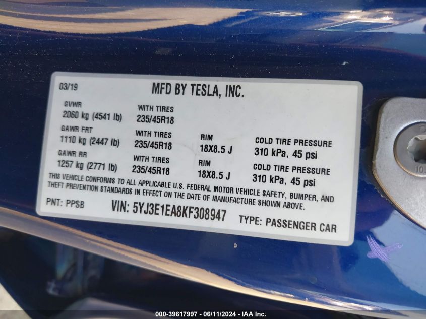 2019 TESLA MODEL 3 LONG RANGE/MID RANGE/STANDARD RANGE/STANDARD RANGE PLUS - 5YJ3E1EA8KF308947