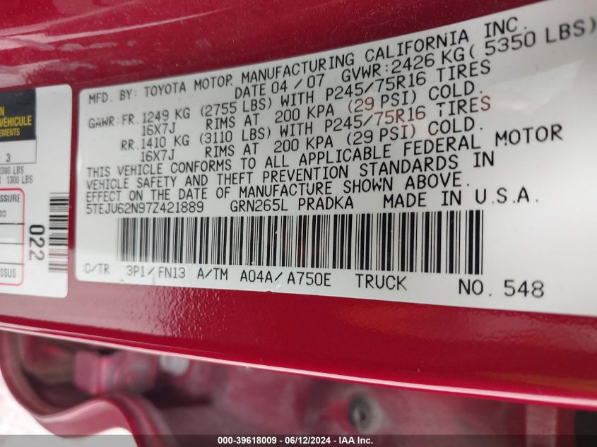 2007 Toyota Tacoma Prerunner V6 VIN: 5TEJU62N97Z421889 Lot: 39618009