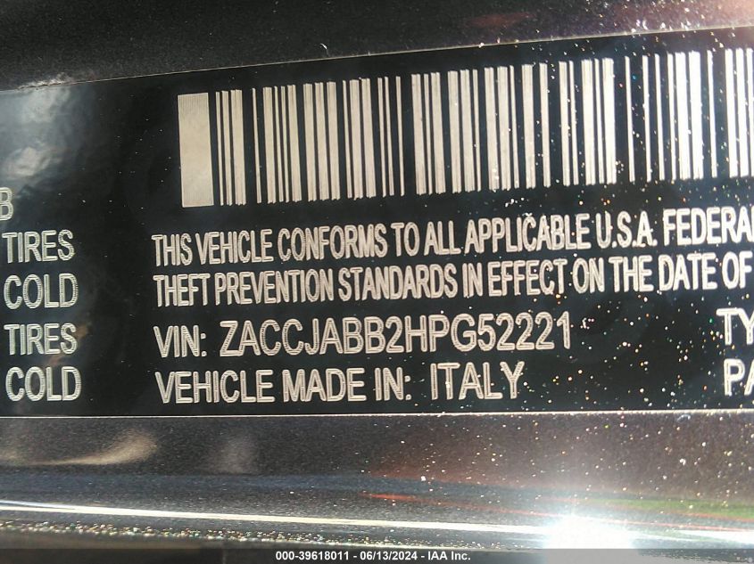 2017 Jeep Renegade Latitude Fwd VIN: ZACCJABB2HPG52221 Lot: 39618011