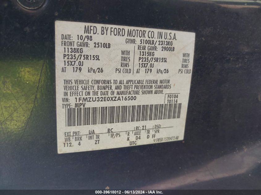 1999 Ford Explorer Eddie Bauer/Limited Edition/Xlt VIN: 1FMZU32E0XZA16500 Lot: 39618012