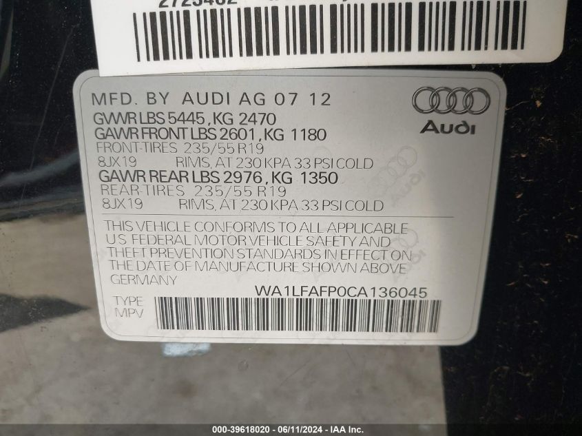 2012 Audi Q5 2.0T Premium VIN: WA1LFAFP0CA136045 Lot: 39618020