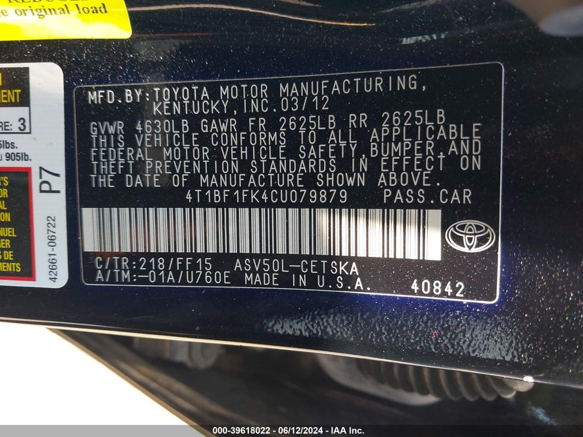 2012 Toyota Camry Se VIN: 4T1BF1FK4CU079879 Lot: 39618022