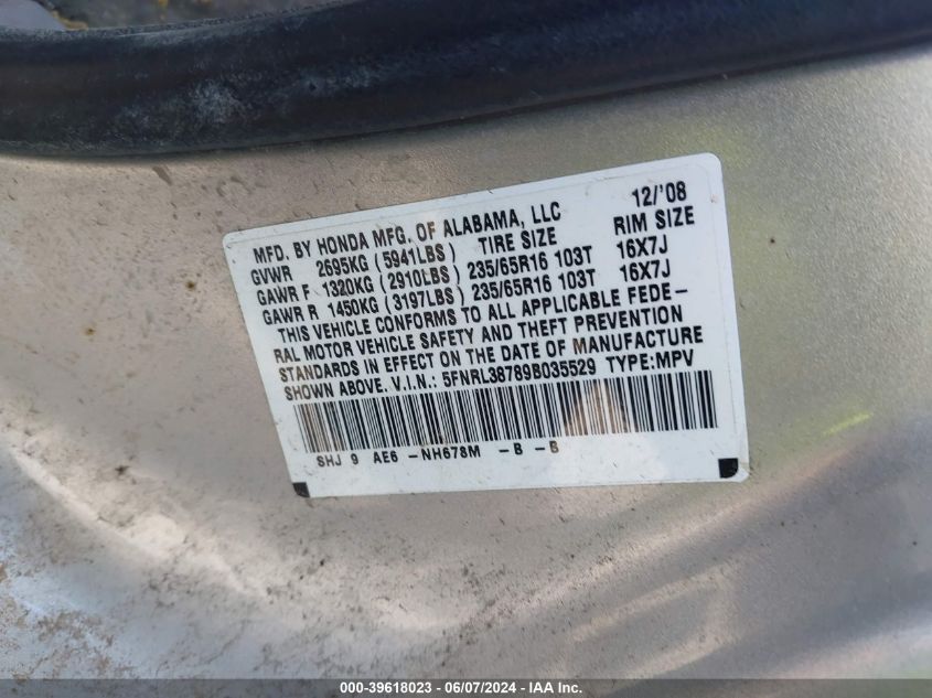 2009 Honda Odyssey Ex-L VIN: 5FNRL38789B035529 Lot: 39618023