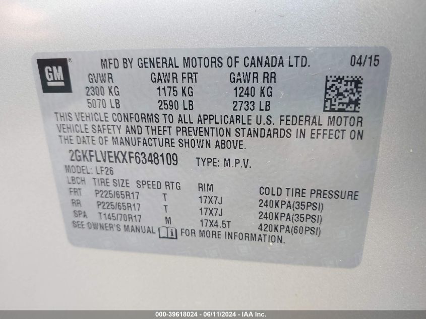 2015 GMC Terrain Sle-1 VIN: 2GKFLVEKXF6348109 Lot: 39618024