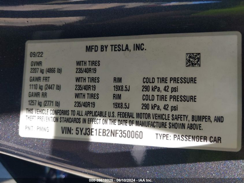 2022 Tesla Model 3 Long Range Dual Motor All-Wheel Drive VIN: 5YJ3E1EB2NF350060 Lot: 39618025