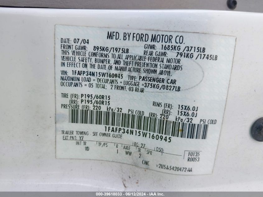 2005 Ford Focus Zx4 VIN: 1FAFP34N15W160945 Lot: 39618033