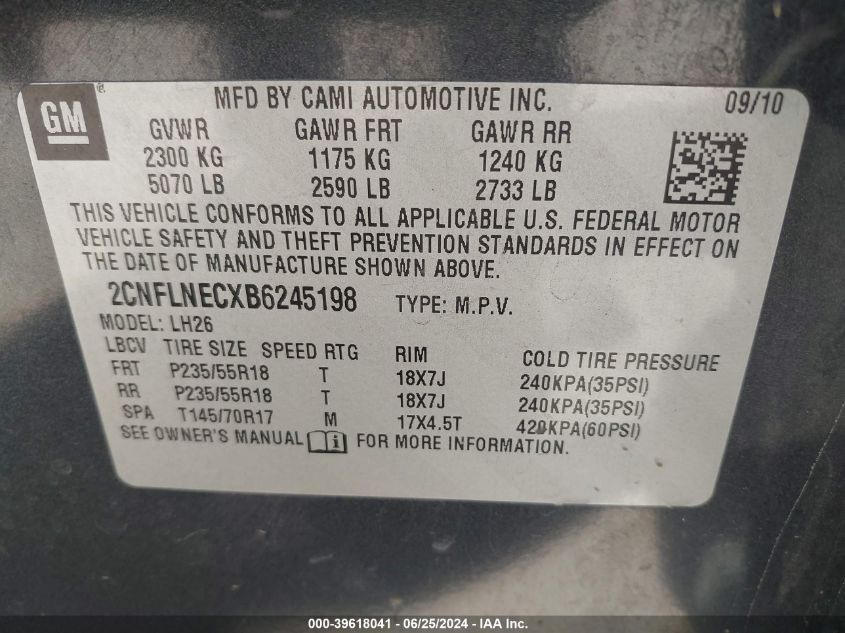 2011 Chevrolet Equinox 2Lt VIN: 2CNFLNECXB6245198 Lot: 39618041