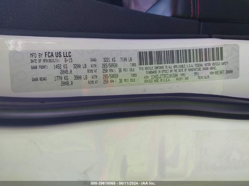 2015 Dodge Durango R/T VIN: 1C4SDJCT5FC101504 Lot: 39618068