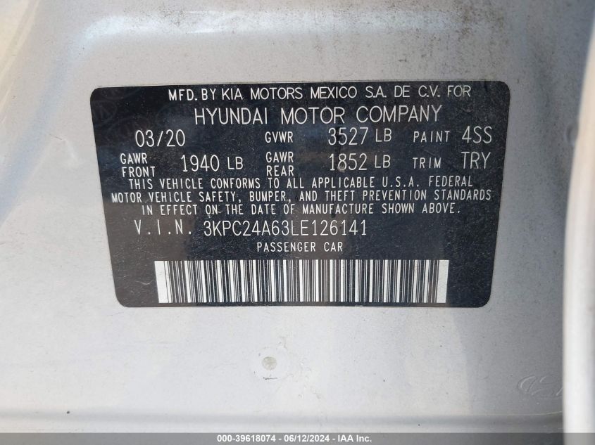2020 Hyundai Accent Se VIN: 3KPC24A63LE126141 Lot: 39618074