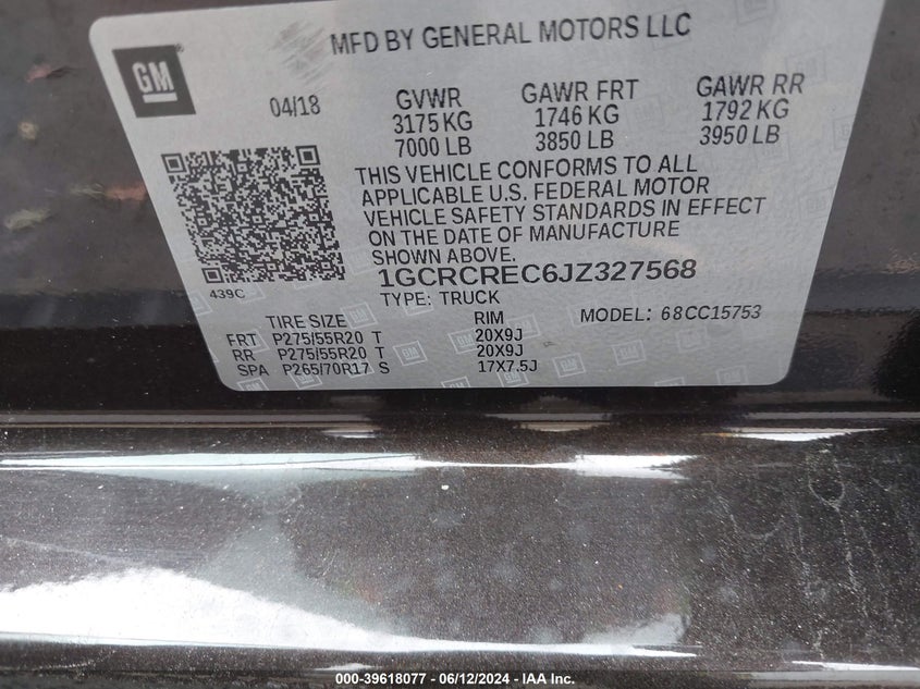 2018 Chevrolet Silverado 1500 1Lt VIN: 1GCRCREC6JZ327568 Lot: 39618077