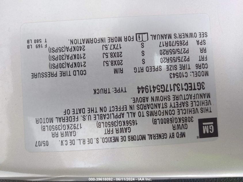 2007 GMC Sierra 1500 Sle1 VIN: 3GTEC13J17G541944 Lot: 39618092