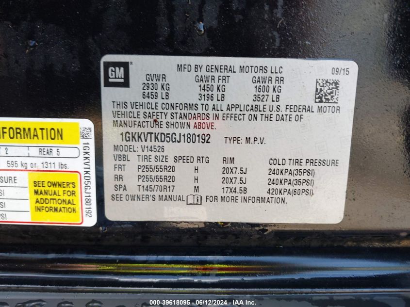 2016 GMC Acadia Denali VIN: 1GKKVTKD5GJ180192 Lot: 39618095