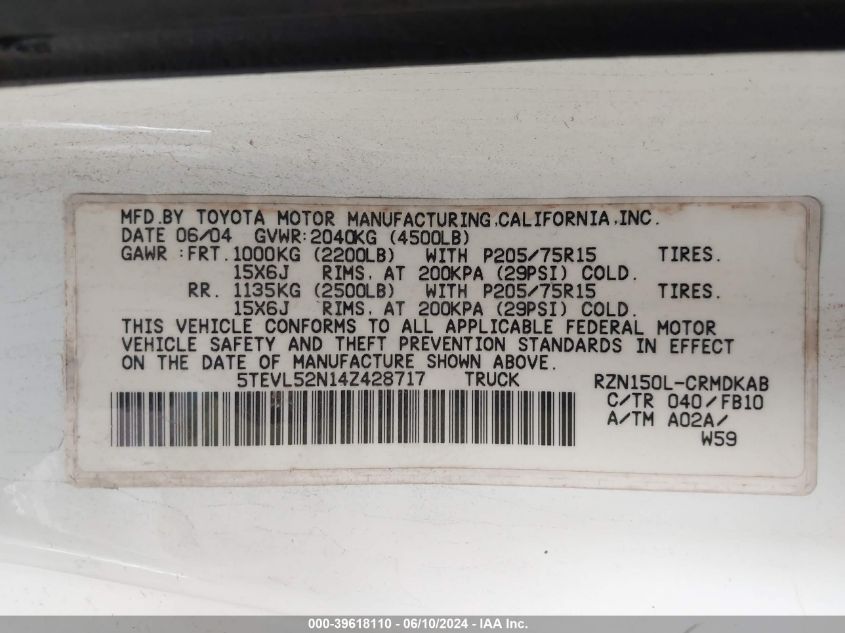 2004 Toyota Tacoma VIN: 5TEVL52N14Z428717 Lot: 39618110