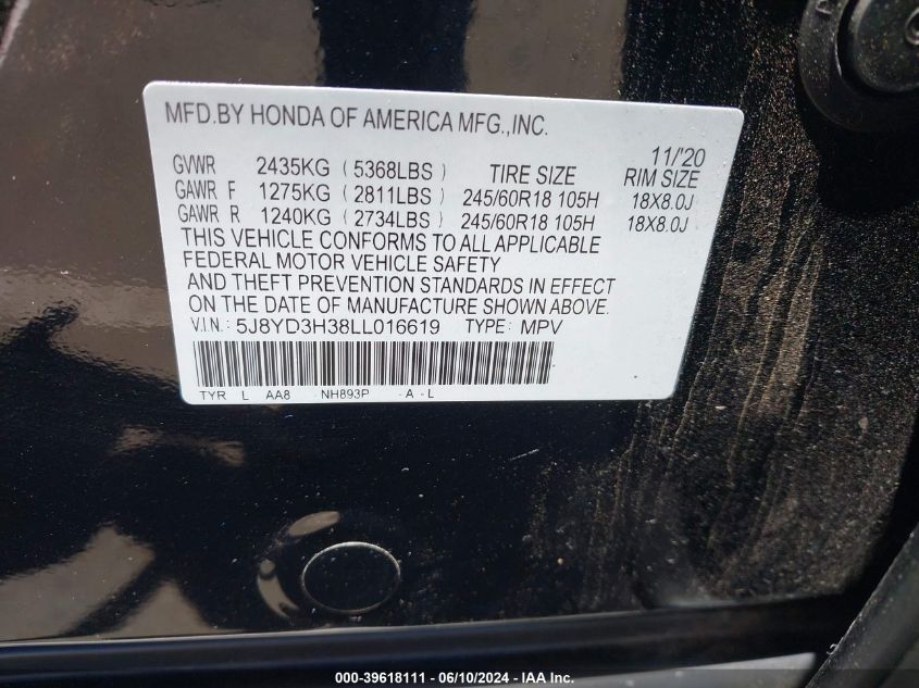 2020 Acura Mdx Standard VIN: 5J8YD3H38LL016619 Lot: 39618111