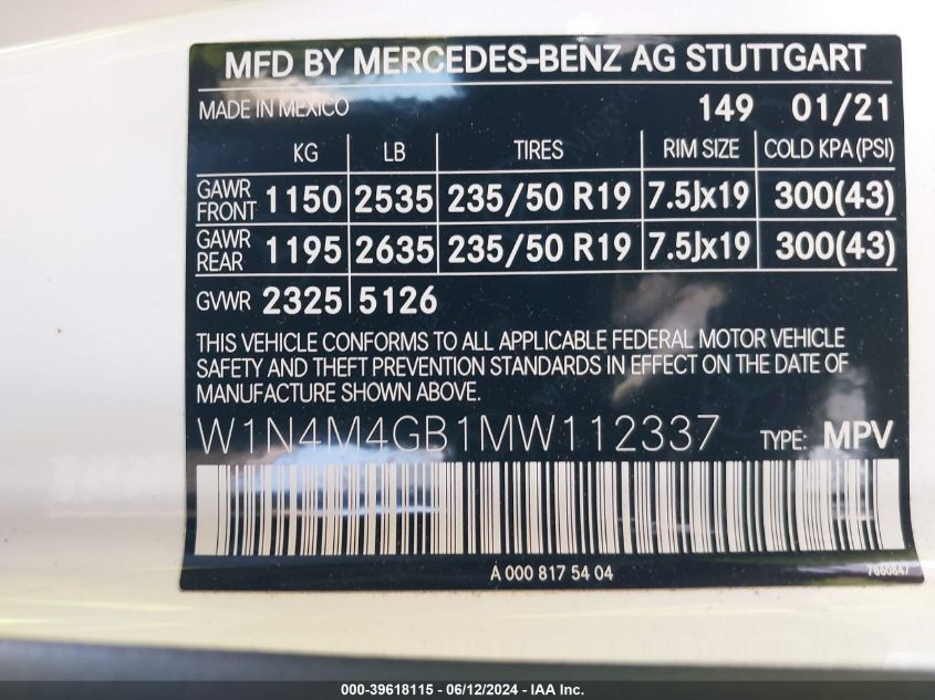 2021 Mercedes-Benz Glb 250 VIN: W1N4M4GB1MW112337 Lot: 39618115