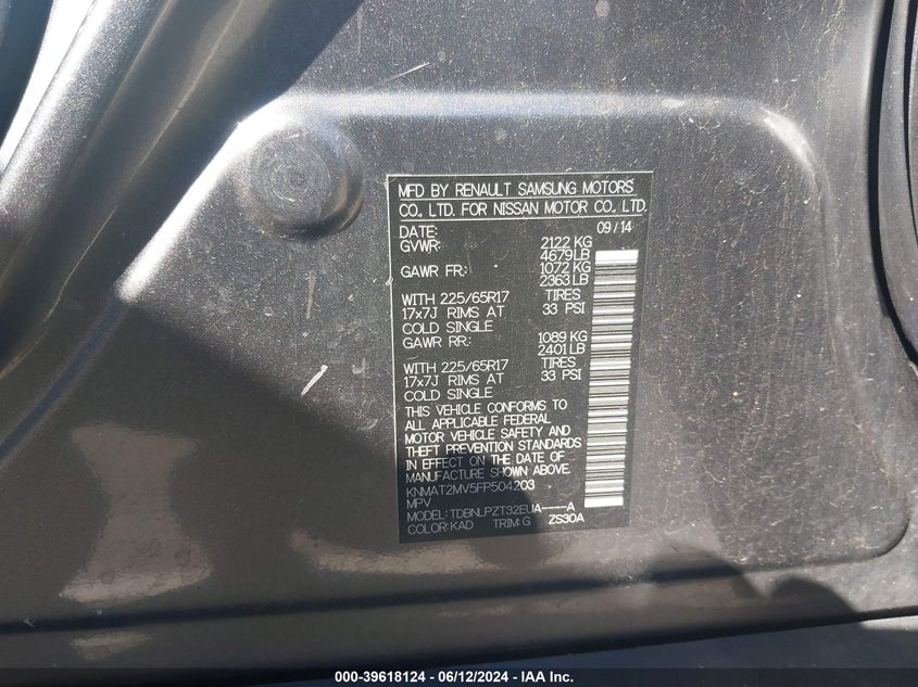 2015 Nissan Rogue S VIN: KNMAT2MV5FP504203 Lot: 39618124