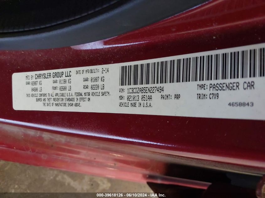 2014 Dodge Avenger Se VIN: 1C3CDZAB5EN227494 Lot: 39618126