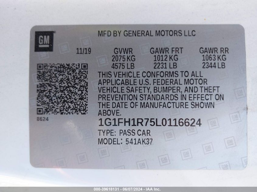 2020 Chevrolet Camaro Rwd 2Ss VIN: 1G1FH1R75L0116624 Lot: 39618131