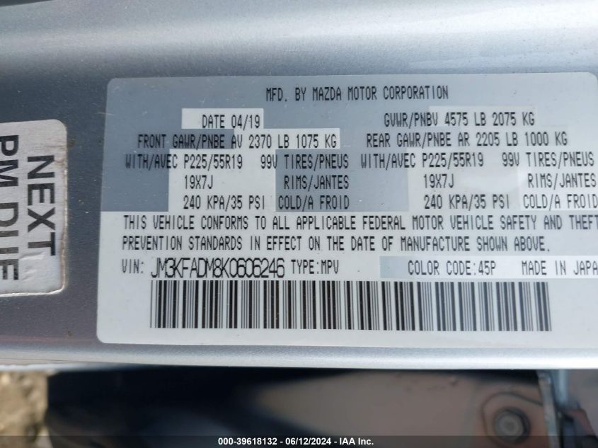 2019 Mazda Cx-5 Grand Touring VIN: JM3KFADM8K0606246 Lot: 39618132