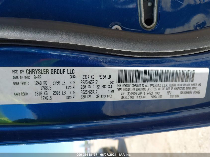 2010 Dodge Journey Sxt VIN: 3D4PG5FV0AT116493 Lot: 39618137