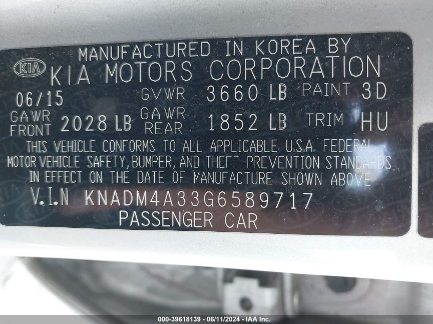 2016 Kia Rio Lx VIN: KNADM4A33G6589717 Lot: 39618139