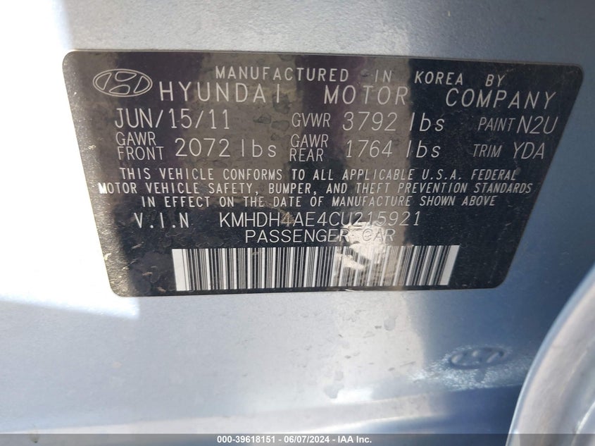 2012 Hyundai Elantra Limited (Ulsan Plant) VIN: KMHDH4AE4CU215921 Lot: 39618151
