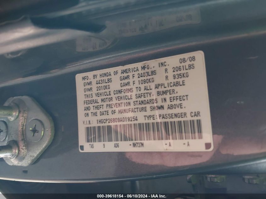 2009 Honda Accord 2.4 Ex-L VIN: 1HGCP26809A019254 Lot: 39618154